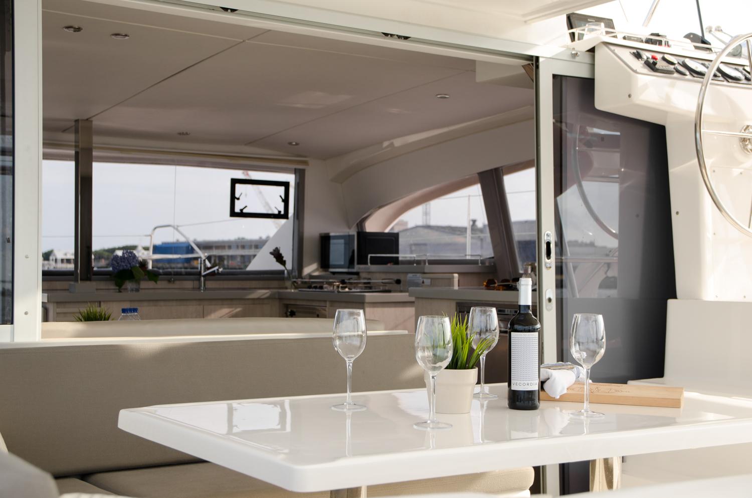 Explore the large galley of our stable catamaran rental.